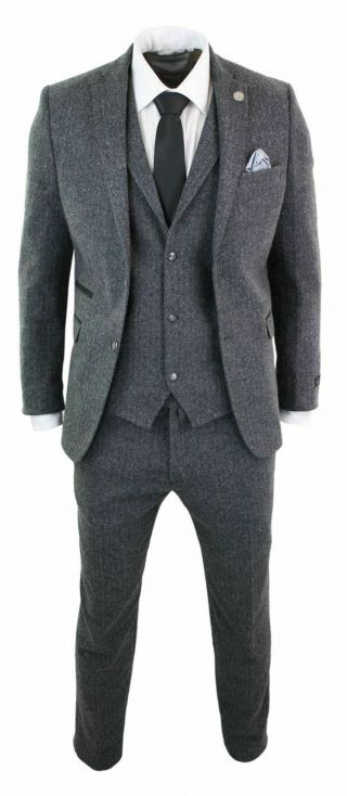 Mens Grey Black 3 Piece Tweed Suit Herringbone Wool Vintage Retro Peaky Blinders 4