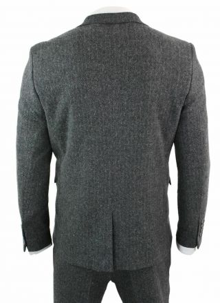 Mens Grey Black 3 Piece Tweed Suit Herringbone Wool Vintage Retro Peaky Blinders 5