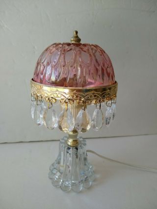 Vintage Michelotti Crystal Prism Boudoir Lamp Cranberry Color Shade