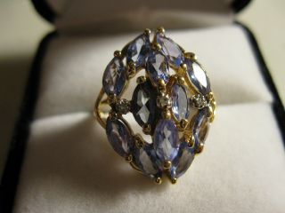 Vintage 14k Yellow Gold Marquise Cut Iolite/diamond Accent Cluster Ring,  6.  5