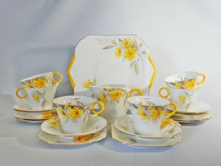 Antique Rare Art Deco Shelley Yellow Syringa Tea Set Teaset Trio Cup Cake Plate