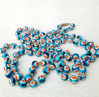 Vtg Long Venetian Millefiori Turquoise Blue Orangewhite Glass Beads Necklace 45 "