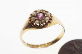 Antique Victorian English 15k Gold Pink Tourmaline & Seed Pearl Ring C1875