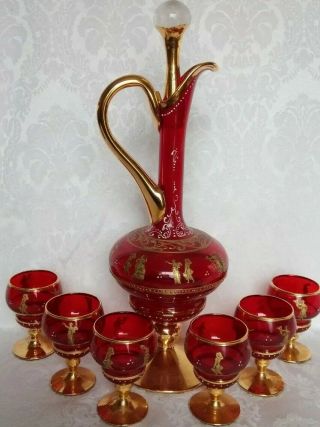 Vintage Murano Venetian Ruby Red & 24k Gold Decanter & 6 Glasses Set Gorgeous