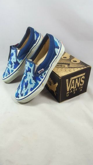 Vintage Vans SLIP ON Shoes BLUE CAMO made in USA Men ' s Size 8 NOS 90s sk8 HI 5