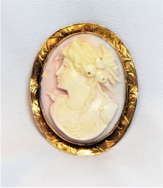 Antique High Relief Carved 10k Gold Pink Angel Skin Shell Rose Cameo Pin Pendant