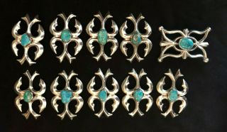 Vintage Navajo Sterling Silver & Turquoise Sand Cast Belt Buckle & Conchos