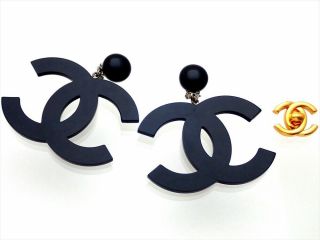 RARE Authentic Vintage Chanel earrings large black CC logo dangle ea2530 3