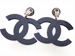 RARE Authentic Vintage Chanel earrings large black CC logo dangle ea2530 5
