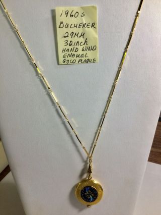 Vintage 1960s Bucherer Gold Plaque Enamel Necklace Watch Hand Wind Running 30 In