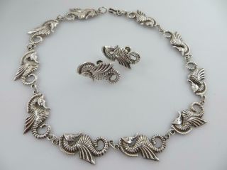 Mexico Silver Seahorse Choker Necklace And Screw Earrings Vintage 925 Sterling