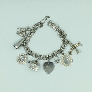 Vintage Sterling Silver Charm Bracelet 8 Inches Long 37.  5 Grams