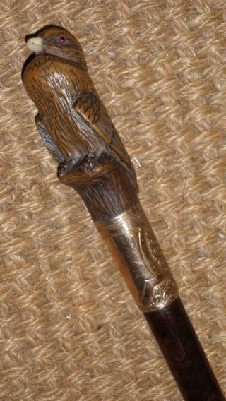 Antique Gold Plate Faux Snakewood Walking Stick - Birds Head Top With Glass Eyes