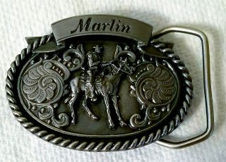 Vintage Marlin Firearms Co.  Cowboy W/rifle Pistol On Horse Pewter Belt Buckle