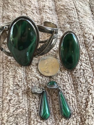 Vintage Malachite Sterling Silver Bracelet Ring Earring Set Native? Navajo?