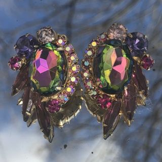 Juliana D&e Vtg Watermelon Multi Color Navette Glass Rhinestone Earrings Wow