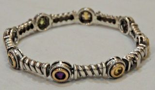 Vintage 14k Yellow Gold & Sterling Silver Multi - Colored Stone Or Glass Bracelet