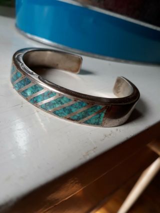 Vintage Native American Sterling Silver Cuff Bracelet W Inlaid Turquoise