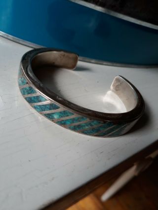 Vintage NATIVE AMERICAN Sterling Silver Cuff BRACELET w INLAID TURQUOISE 2