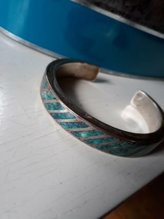 Vintage NATIVE AMERICAN Sterling Silver Cuff BRACELET w INLAID TURQUOISE 3