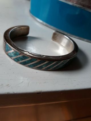 Vintage NATIVE AMERICAN Sterling Silver Cuff BRACELET w INLAID TURQUOISE 5