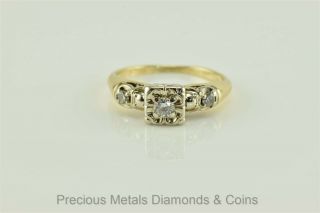 Antique 14k Yellow Gold.  25tcw Diamond Solitaire W/accented Band Ring Sz: 6