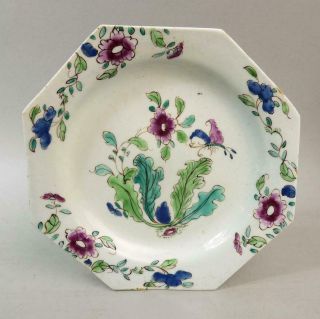 Antique Bow Porcelain Polychrome Enamel Octagonal Plate C.  1750