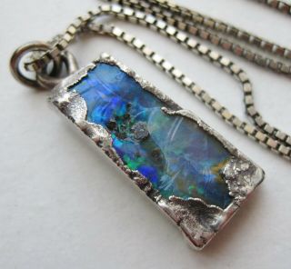 Vintage Sterling Silver Raw Blue Australian Fire Opal Modernist Pendant Necklace