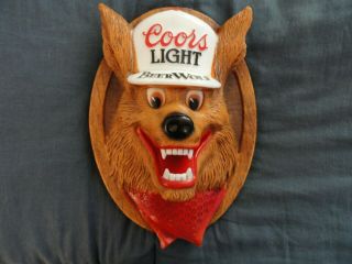 Vintage Coors Lite Beer Wolf Advertisement Wall Mounted Sign Brewery Memorabilia