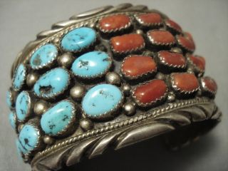 Museum Quality Vintage Navajo Chunk Coral Turquoise Sterling Silver Bracelet