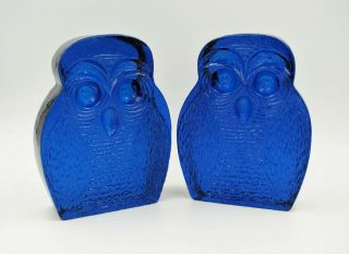 Vintage Blenko Hand Blown Glass Owl Bookends - 6813 - Myers Design - Turquoise