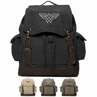 Wonder Woman Symbol Vintage Canvas Rucksack Backpack With Leather Straps