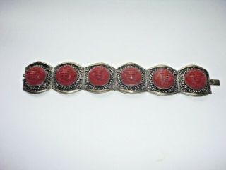 Antique Chinese Filigree Carved Cinnabar Lacquer Panel Bracelet
