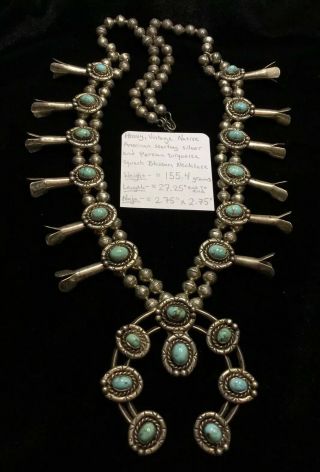 Vintage Sterling Silver & Persian Turquoise Squash Blossom Necklace,  155.  4g