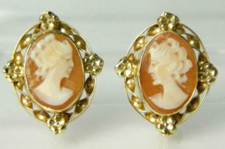 Vtg 14k Yellow Gold Cameo Sisters Maiden Shell Floral Frame Screw Back Earrings