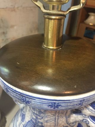 Vtg Asian Frederick Cooper Blue & WhIte Jar Crackle Lamp Foo Dog Handles 8
