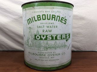 Vintage Antique Rare Milbourne’s Raw Oysters Crisfield,  Md.  Advertising Tin Can