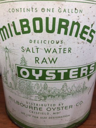 Vintage Antique Rare Milbourne’s Raw Oysters Crisfield,  MD.  Advertising Tin Can 2