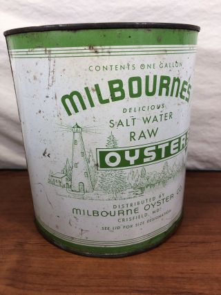 Vintage Antique Rare Milbourne’s Raw Oysters Crisfield,  MD.  Advertising Tin Can 4