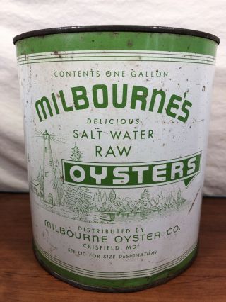 Vintage Antique Rare Milbourne’s Raw Oysters Crisfield,  MD.  Advertising Tin Can 5