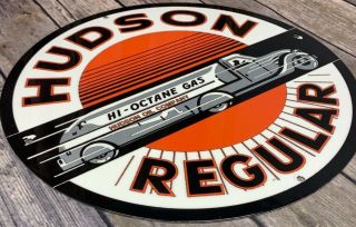 Vintage Hudson Regular Gas 11 3/4 " Porcelain Metal Hi - Octane Oil Sign Pump Plate
