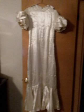 1930s Ivory Satin Long Wedding Dress Puffy Sleeves.  Long Veil,  Ring Pillow