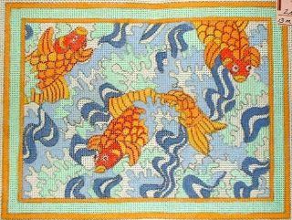 Mzc Vintage Oriental Koi Fish In Pond Zubu 1985 Hand Painted Needlepoint Canvas