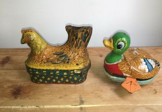 Antique or Vintage Lithographed Tin Toys Hen on Nest and Crank Duck 3