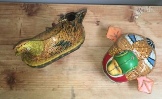 Antique or Vintage Lithographed Tin Toys Hen on Nest and Crank Duck 4