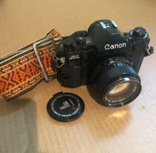 Canon A - 1 35mm Film Camera,  50mm Lens W/ Awesome Vintage Strap From 70’s
