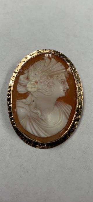 Vintage 10k Yellow Gold Carved Shell Cameo Large Brooch Pendant