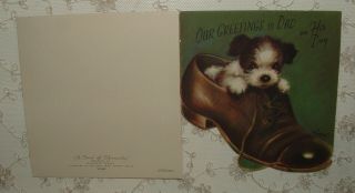 M.  Cooper - Puppy in a Man ' s Dress Shoe,  Dog - 1940 Vintage RUST CRAFT Card 3