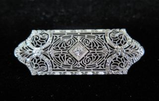 Victorian Era 14k White Gold Fancy Filigree & Diamond Bar Pin