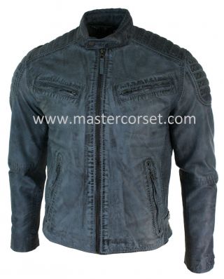 Mens Blue Grey Real Leather Designer Zipped Biker Washed Casual Vintage Jacket